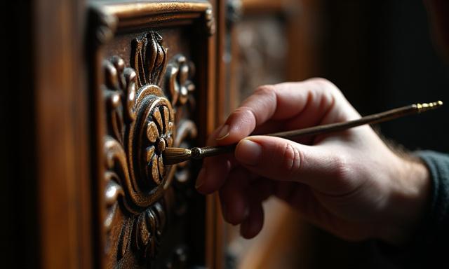 Detalle de manos expertas restaurando un mueble de madera antiguo
