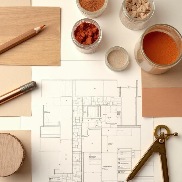 Muestrario de materiales tradicionales, pigmentos y herramientas de dibujo sobre madera