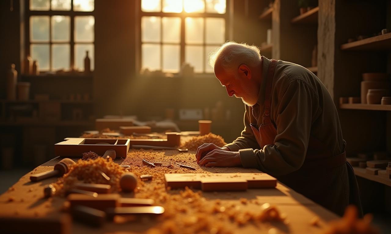 Artesano trabajando en un taller tradicional con herramientas de madera