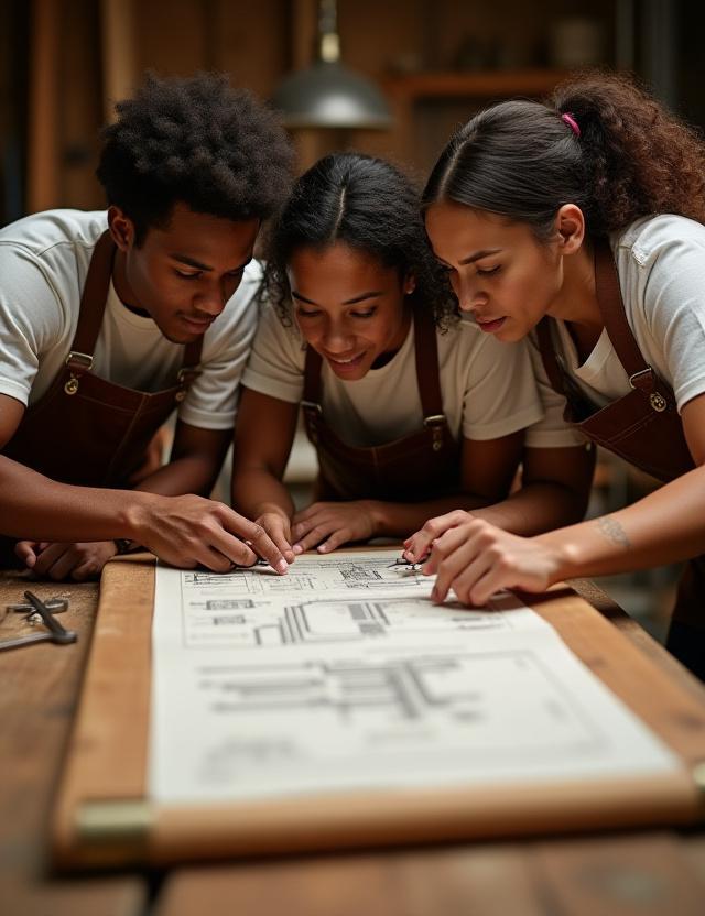 Grupo de artesanos de distintas disciplinas colaborando sobre un plano de madera