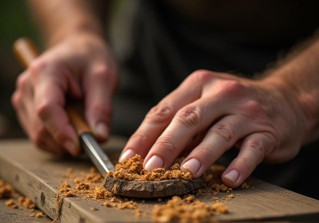 Manos artesanas trabajando con precisión sobre madera